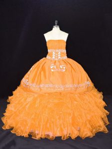 Organza Strapless Sleeveless Lace Up Embroidery and Ruffles Sweet 16 Dresses in Gold