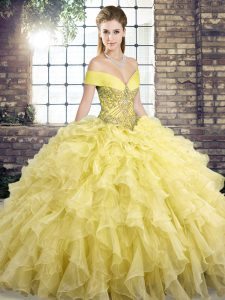 Admirable Yellow Off The Shoulder Lace Up Beading and Ruffles Quinceanera Gowns Brush Train Sleeveless