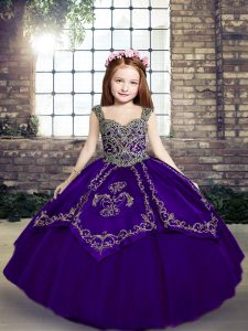 Embroidery Little Girl Pageant Gowns Purple Lace Up Sleeveless Floor Length