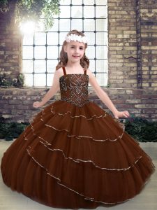Floor Length Brown Little Girls Pageant Dress Wholesale Straps Sleeveless Lace Up