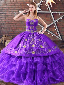 Noble Floor Length Lace Up Sweet 16 Dress Purple for Sweet 16 and Quinceanera with Embroidery