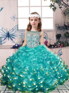 Teal Scoop Neckline Beading and Ruffles Winning Pageant Gowns Sleeveless Lace Up