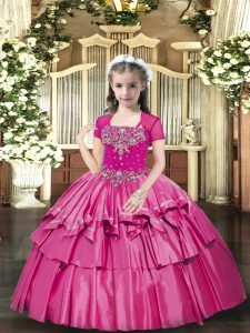 Cheap Straps Sleeveless Little Girls Pageant Dress Floor Length Beading Hot Pink Taffeta
