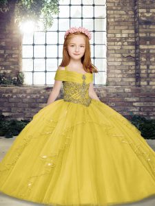 Yellow Straps Neckline Beading Little Girl Pageant Gowns Sleeveless Lace Up