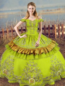Exceptional Olive Green Ball Gowns Off The Shoulder Sleeveless Satin Floor Length Lace Up Embroidery Sweet 16 Dress