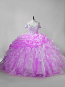 Lilac Ball Gowns Straps Sleeveless Organza Brush Train Lace Up Beading and Ruffles and Pick Ups Sweet 16 Dresses