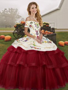 Sophisticated Off The Shoulder Sleeveless Quinceanera Gown Brush Train Embroidery and Ruffled Layers Wine Red Tulle