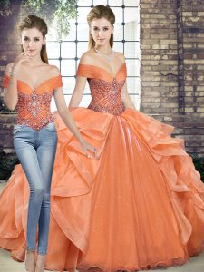 Orange Organza Lace Up Quince Ball Gowns Sleeveless Floor Length Beading and Ruffles