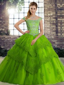 Lace Up Sweet 16 Quinceanera Dress Green for Military Ball and Sweet 16 and Quinceanera with Beading and Lace Brush Train