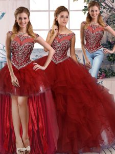 Exceptional Burgundy Scoop Neckline Beading and Ruffles 15 Quinceanera Dress Sleeveless Zipper