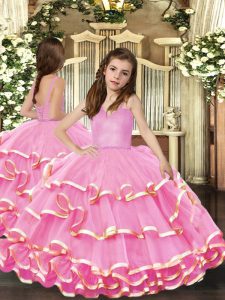 Customized Pink Sleeveless Organza Lace Up Kids Pageant Dress for Party and Sweet 16 and Wedding Party