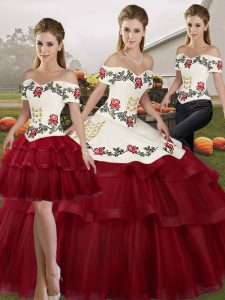 Custom Fit Wine Red Sleeveless Embroidery and Ruffled Layers Lace Up Quinceanera Gown
