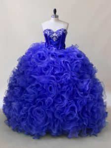 Royal Blue Fabric With Rolling Flowers Lace Up Sweetheart Sleeveless Floor Length Quinceanera Dresses Ruffles and Sequins