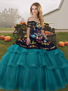 Elegant Brush Train Ball Gowns Sweet 16 Quinceanera Dress Teal Off The Shoulder Tulle Sleeveless Lace Up