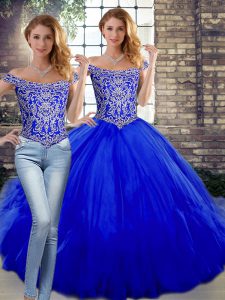 Tulle Off The Shoulder Sleeveless Lace Up Beading and Ruffles Quinceanera Dresses in Royal Blue