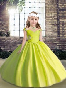 Inexpensive Beading Little Girls Pageant Dress Yellow Green Lace Up Sleeveless Floor Length