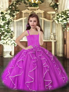 Floor Length Lace Up Girls Pageant Dresses Purple for Party and Wedding Party with Ruffles