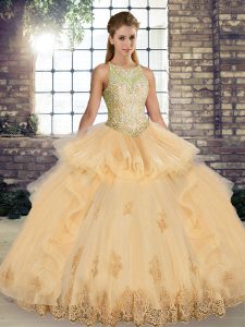 Shining Scoop Sleeveless Quinceanera Dress Floor Length Lace and Embroidery and Ruffles Champagne Tulle