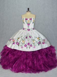 Fuchsia Organza Lace Up Ball Gown Prom Dress Sleeveless Floor Length Embroidery and Ruffles