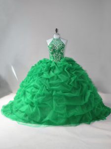 Green Sleeveless Court Train Beading and Pick Ups 15th Birthday Dress