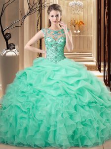 Apple Green Lace Up Quinceanera Dress Beading and Ruffles Sleeveless Floor Length