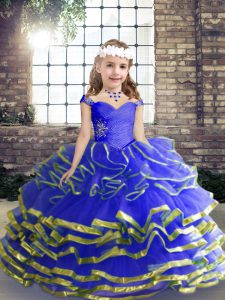 Unique Blue Ball Gowns Beading and Ruching Girls Pageant Dresses Lace Up Tulle Sleeveless Floor Length