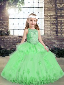 Lovely Yellow Green Tulle Lace Up Scoop Sleeveless Floor Length Pageant Dress for Teens Appliques