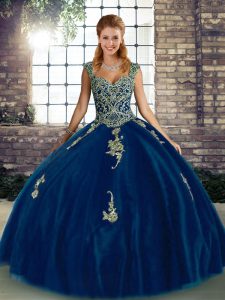 Royal Blue Sleeveless Floor Length Beading and Appliques Lace Up Sweet 16 Quinceanera Dress