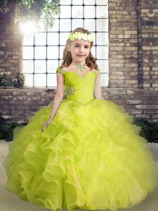 Amazing Yellow Green Organza Lace Up Straps Sleeveless Floor Length Glitz Pageant Dress Beading and Ruffles