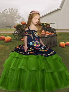 Straps Sleeveless Tulle Kids Pageant Dress Embroidery Lace Up
