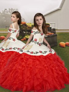 Red Lace Up Pageant Dress Embroidery and Ruffles Sleeveless Floor Length
