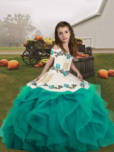 Sweet Tulle Straps Sleeveless Lace Up Embroidery Child Pageant Dress in Teal