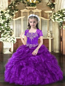 Fancy Ball Gowns Child Pageant Dress Purple Straps Organza Sleeveless Floor Length Lace Up