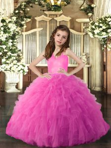 Glorious Hot Pink Straps Lace Up Ruffles Little Girl Pageant Gowns Sleeveless