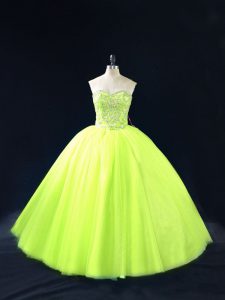 Stunning Yellow Green Sweetheart Lace Up Beading Quince Ball Gowns Sleeveless
