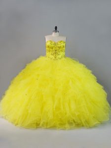 Charming Yellow Sleeveless Floor Length Beading and Ruffles Lace Up Quince Ball Gowns