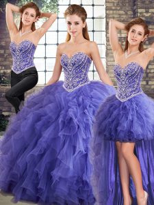 Lavender Lace Up Sweetheart Beading and Ruffles Quinceanera Dress Tulle Sleeveless