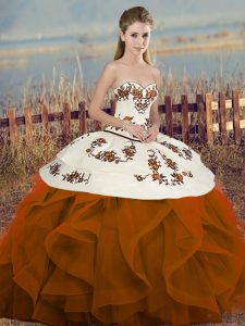 Unique Rust Red Tulle Lace Up Vestidos de Quinceanera Sleeveless Floor Length Embroidery and Ruffles and Bowknot