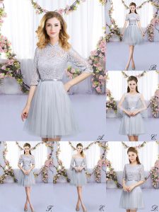 Grey Zipper High-neck Lace and Belt Quinceanera Dama Dress Tulle Half Sleeves