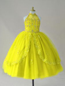 Yellow High-neck Lace Up Beading and Appliques Kids Formal Wear Sleeveless