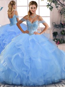 Latest Blue Lace Up Sweet 16 Quinceanera Dress Beading and Ruffles Sleeveless Floor Length