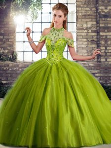 Most Popular Olive Green Ball Gowns Tulle Halter Top Sleeveless Beading Lace Up Sweet 16 Dress Brush Train