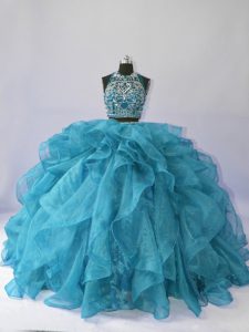 Admirable Teal Backless Halter Top Beading and Ruffles Quinceanera Gowns Organza Sleeveless Brush Train