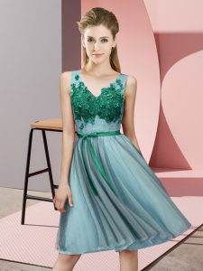 Popular Empire Quinceanera Court Dresses Aqua Blue V-neck Tulle Sleeveless Knee Length Lace Up