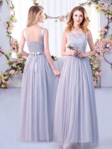 Grey Sleeveless Lace and Belt Floor Length Court Dresses for Sweet 16