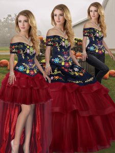 Embroidery and Ruffled Layers Quinceanera Dress Wine Red Lace Up Sleeveless Brush Train