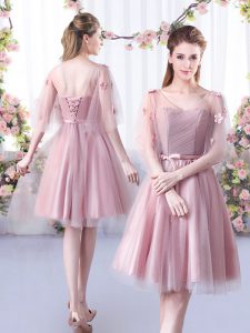 Appliques and Belt Damas Dress Pink Lace Up Sleeveless Knee Length