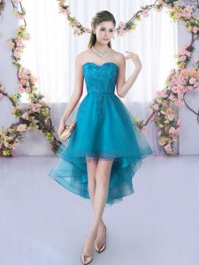 Teal Sweetheart Lace Up Lace Quinceanera Court Dresses Sleeveless