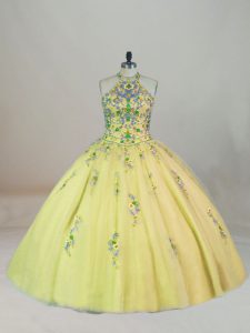 Elegant Yellow Sleeveless Brush Train Appliques and Embroidery Sweet 16 Dresses