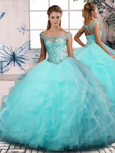 Tulle Off The Shoulder Sleeveless Lace Up Beading and Ruffles Sweet 16 Quinceanera Dress in Aqua Blue